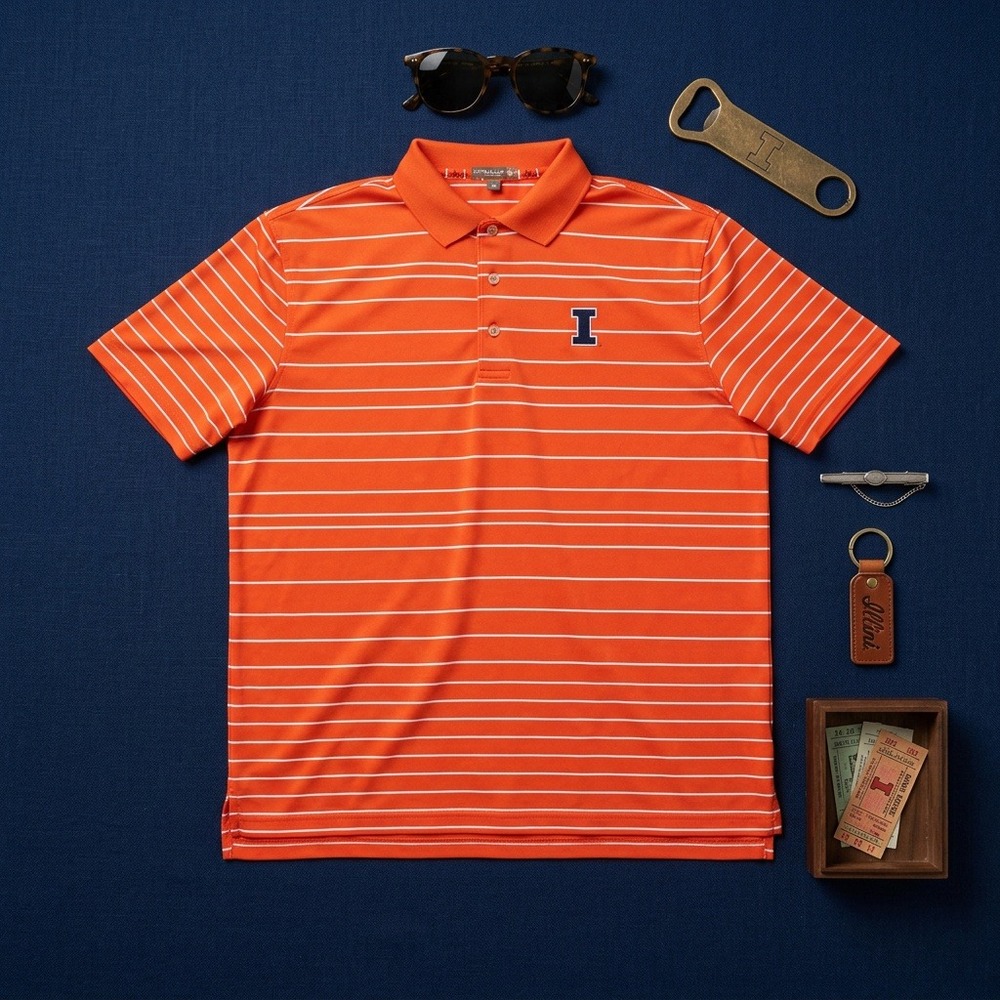 Peter Millar Summer Comfort Illinois Fighting Illini Polo Mens XL Orange Stripe